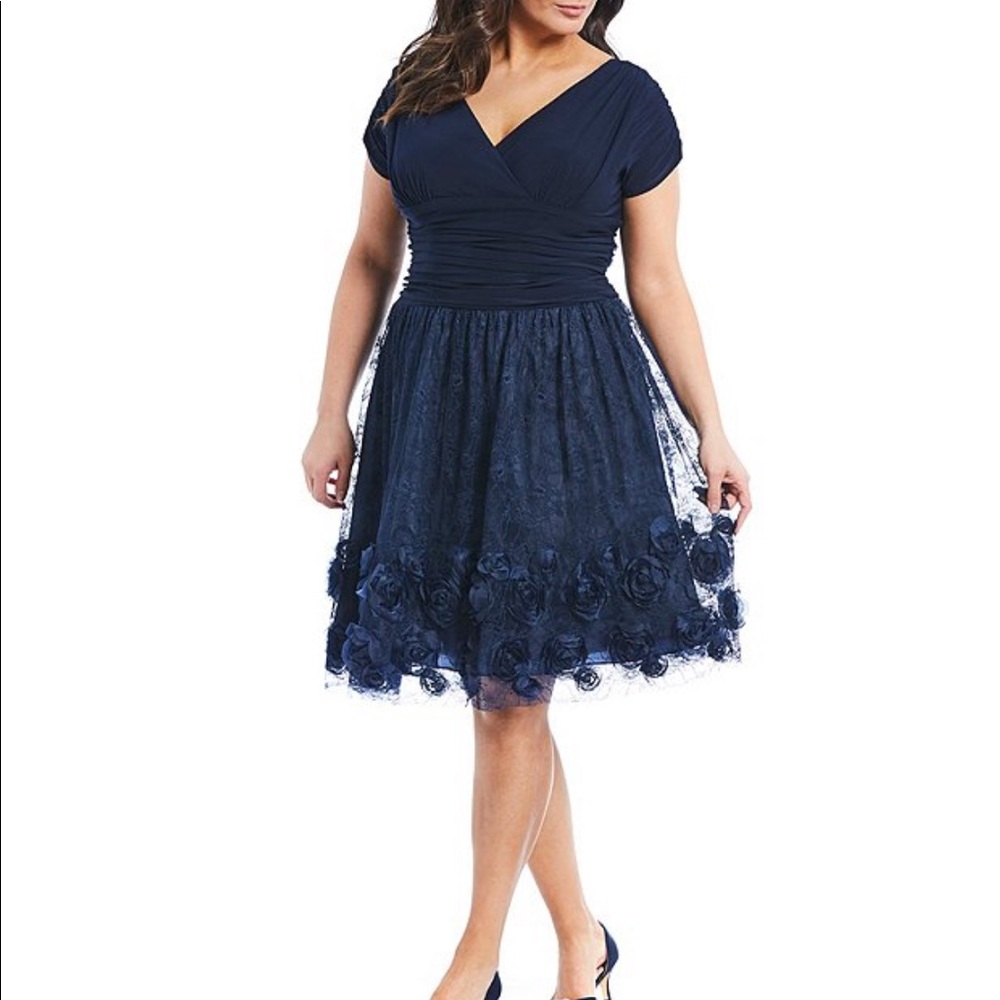 Ignite Evenings Plus Rosette Party Dress Navy 18W